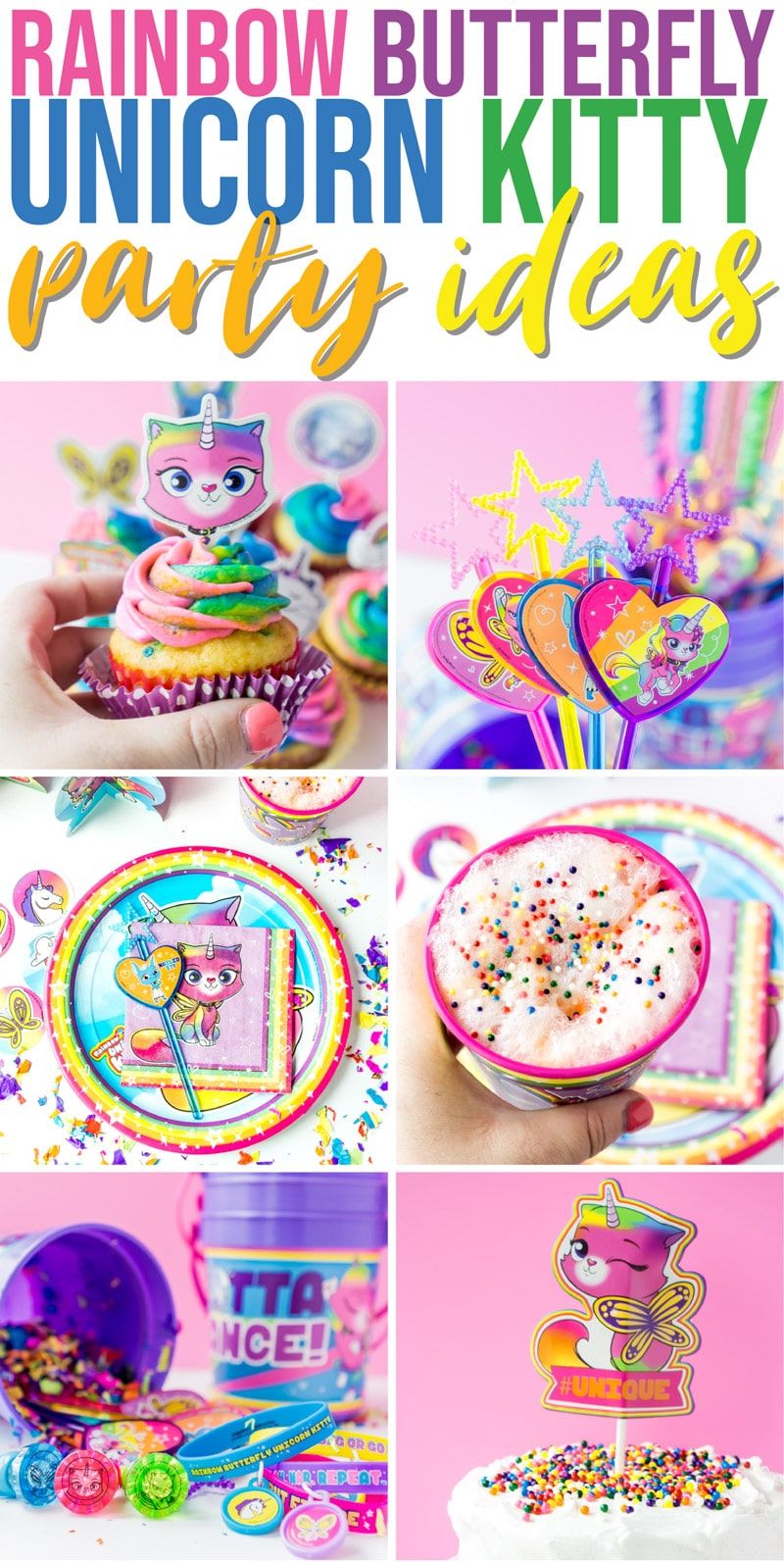¡Las mejores ideas para fiestas de gatitos, unicornios y mariposas arcoíris! Todo lo que necesita: comida, decoraciones, obsequios y más para una celebración colorida.