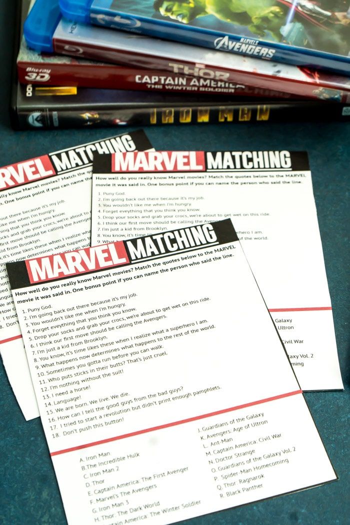 Un joc de cotitzacions de pel·lícules Marvel que es pot imprimir gratuïtament
