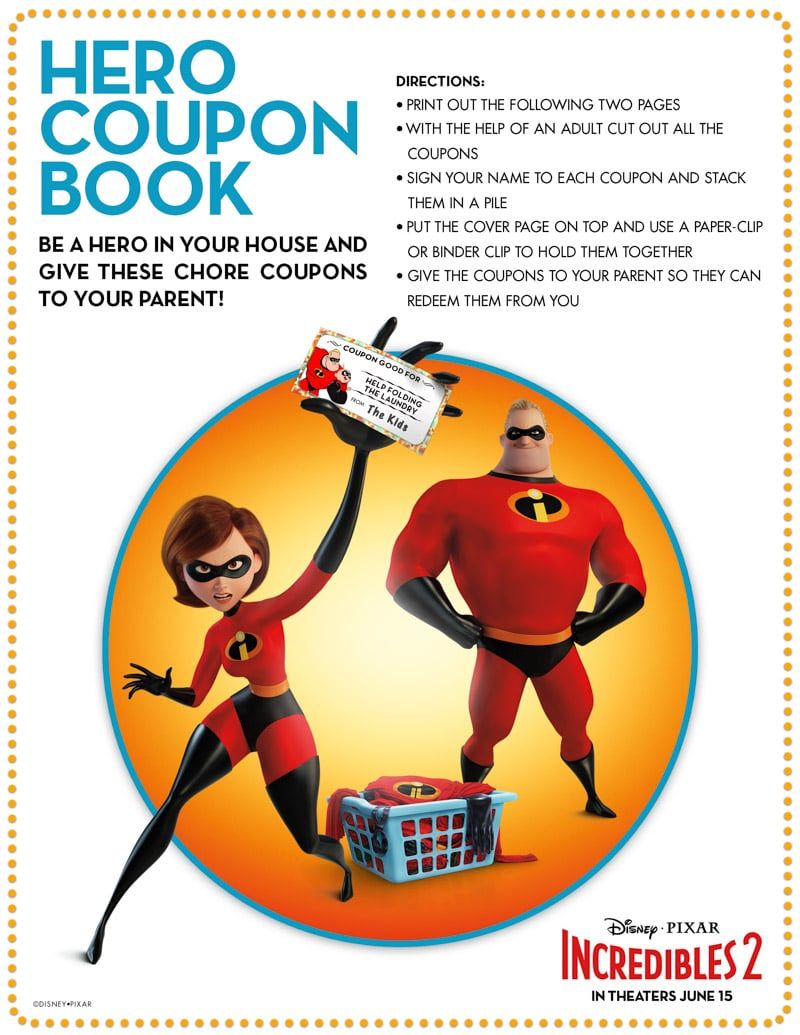 मुद्रण योग्य नायक कूपन बुक और Incredibles रंग पृष्ठों