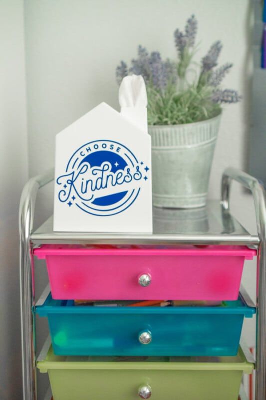 Una caja de pañuelos con una cita de bondad en la parte superior de los estantes de almacenamiento.