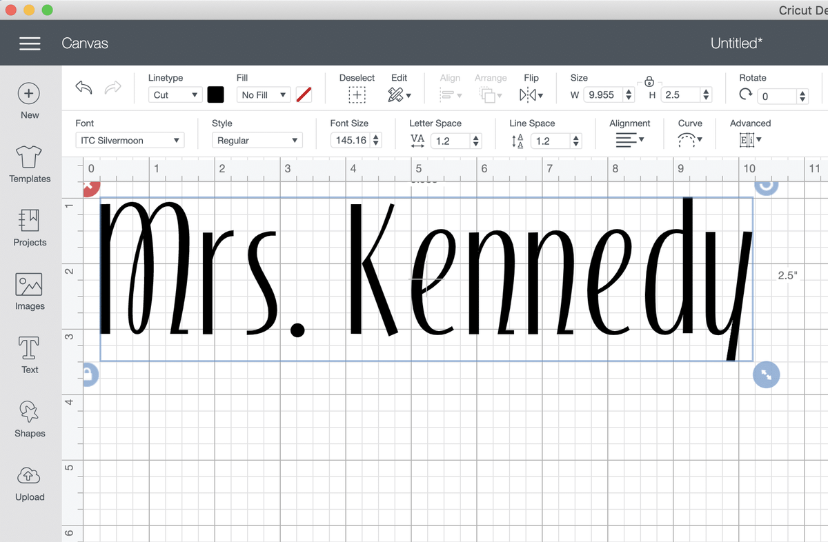 „Cricut Design Space“ su ponia Kennedy ekrano kopija
