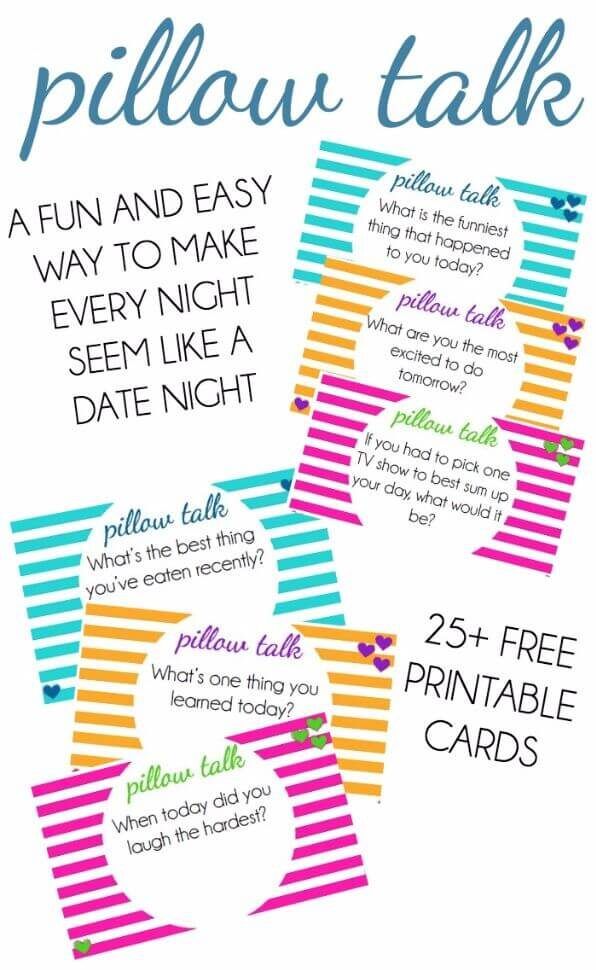 Dessa gratis utskrivbara kuddpratkort är ett så roligt sätt att göra varje natt som en date night, spendera några minuter på att ställa dessa roliga frågor om din dag för att avsluta dagen på ett positivt sätt!