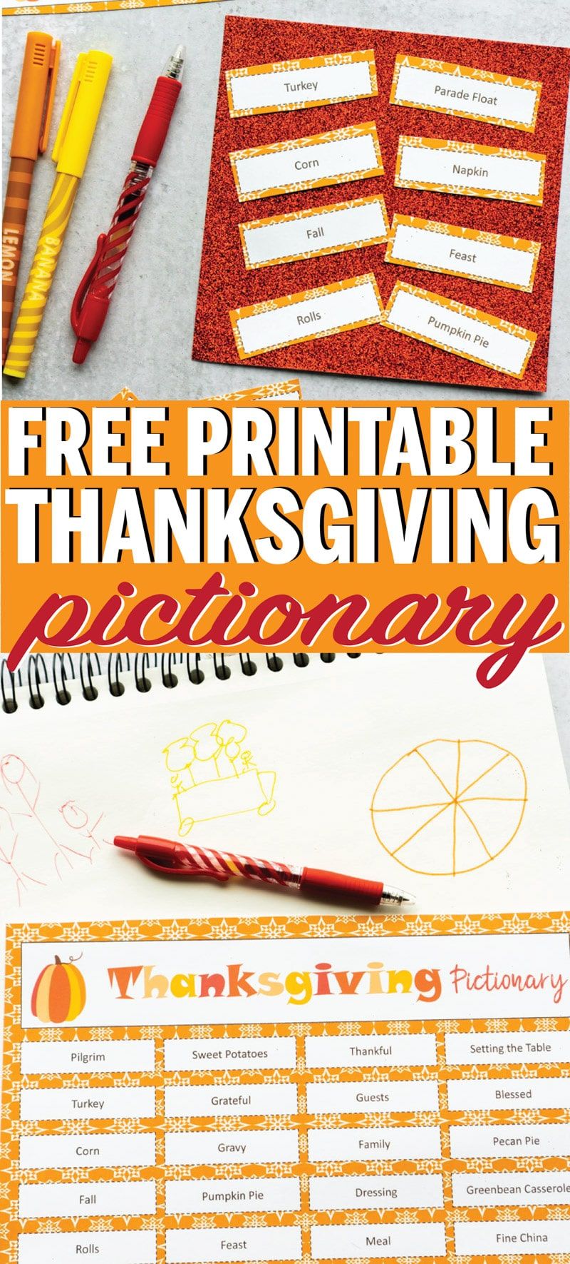 ¡Palabras de pictionary de Acción de Gracias para imprimir gratis! ¡Perfecto juego de Acción de Gracias para niños, adultos y todos los demás!