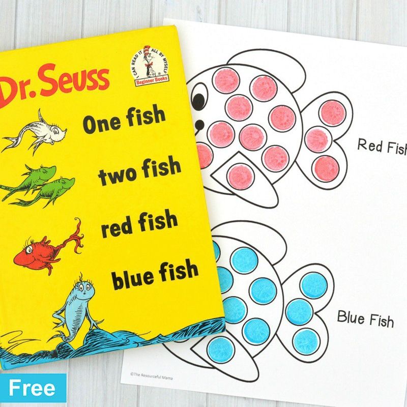 Dr Seuss darbības, piemēram, sarkano zivju zilo zivju krāsas zīmogi