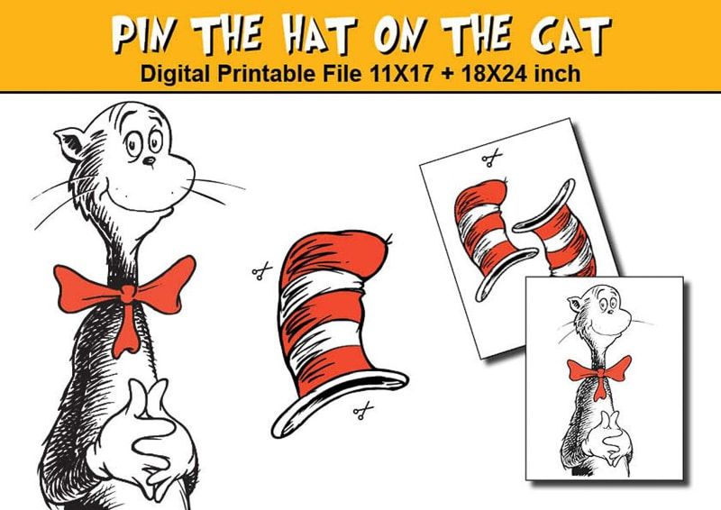 Pin the hat on the cat imprimible y otros juegos de Dr Seuss