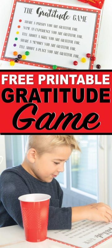 Bezplatná tlačová hra s vďačnosťou pre deti alebo okolo stola vďakyvzdania! Jedna z najzábavnejších aktivít vďakyvzdania pre rodiny s deťmi!