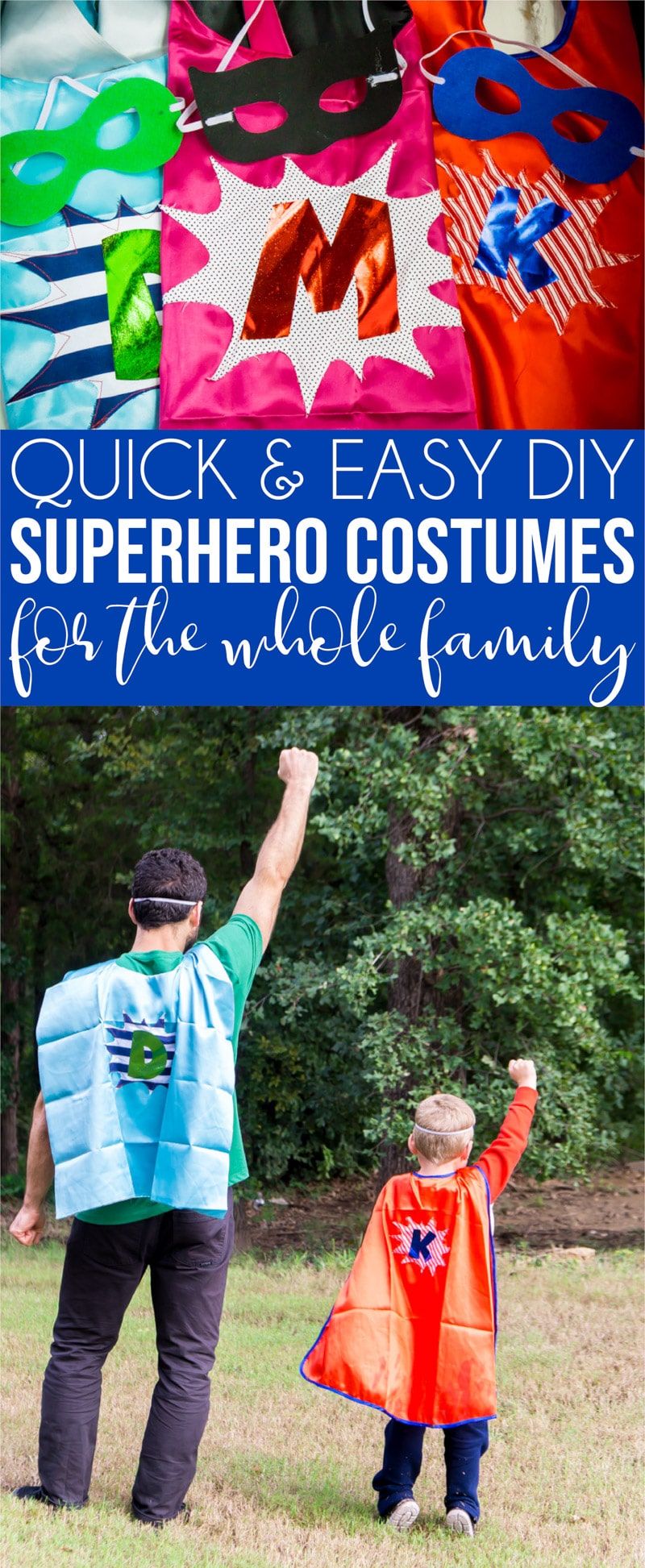 Kolāžu ar attēliem, kas parāda ģimenes DIY supervaroņu kostīmu idejas