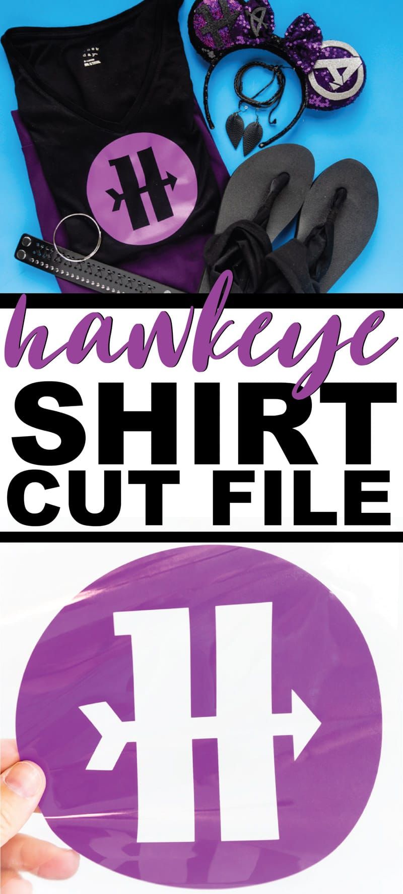 Tehke see lihtne Marvel Hawkeye särk tasuta Hawkeye sümboliga SVG lõigatud failiga! Ideaalne teie enda DIY kostüümi jaoks, Disneybounding nagu Hawkeye või lihtsalt oma Marveli lemmikkangelase toetamine!