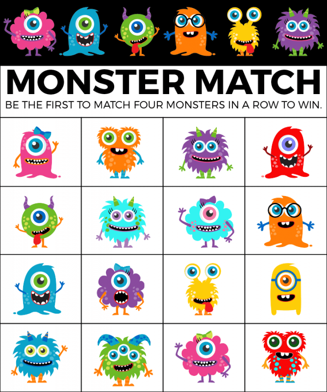 Prinditavad Monster Mash Halloweeni bingokaardid lastele