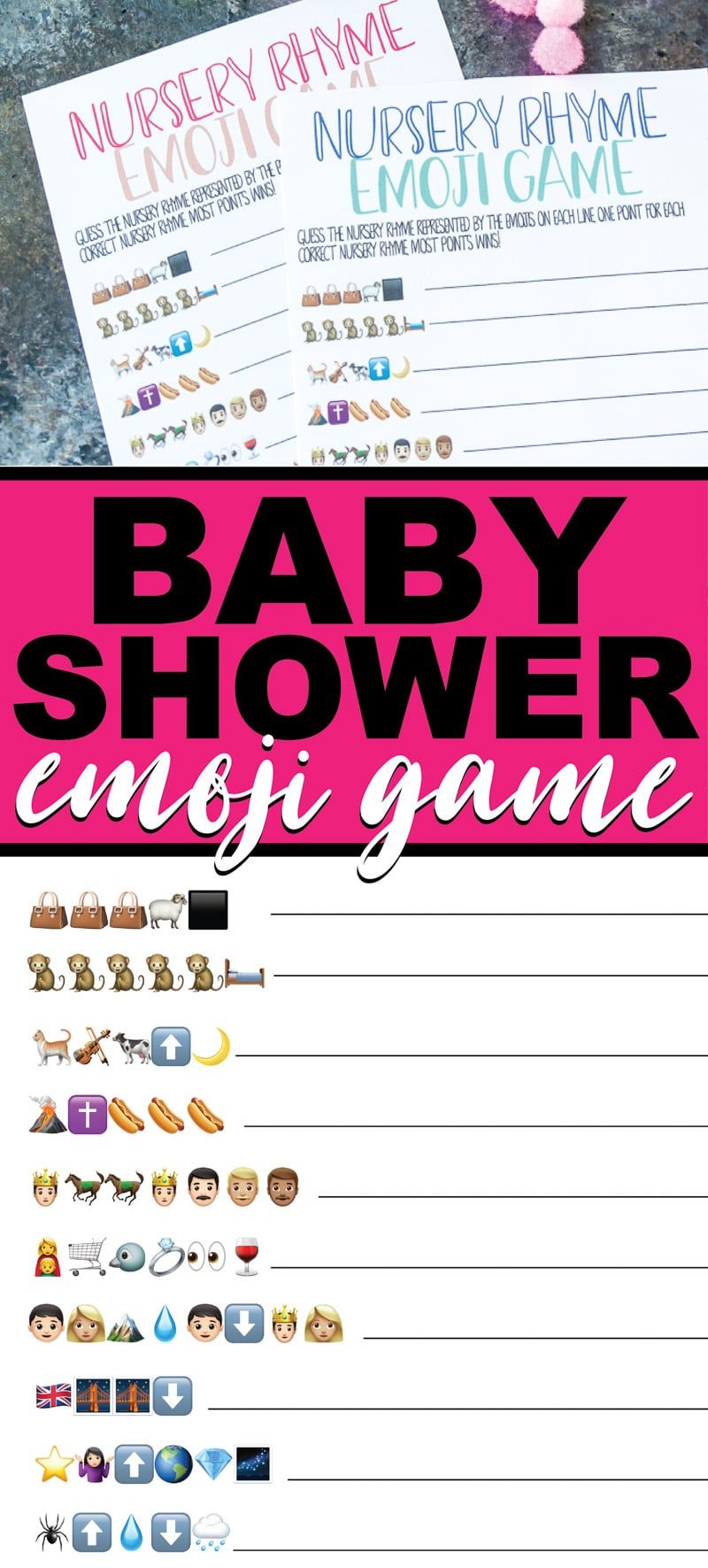 Jocs emoji gratuïts imprimibles per a dutxes de nadons! Perfecte per a una festa de baby shower. Ideal per a adults o fins i tot per a adolescents amb un baby shower.