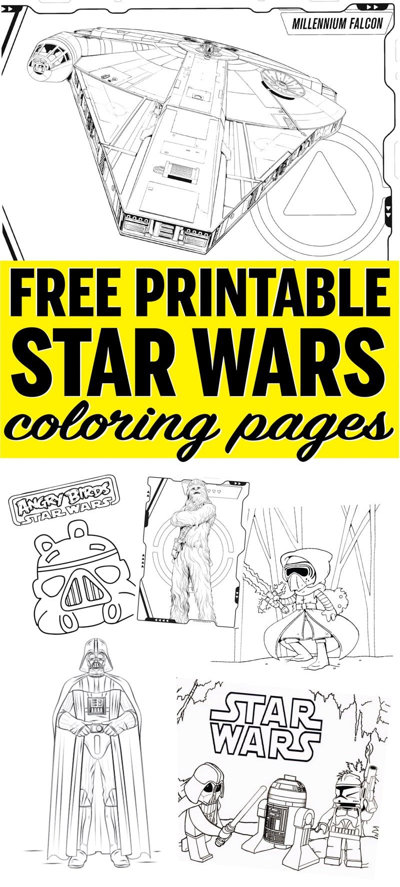 ¡Toneladas de fáciles páginas para colorear de Star Wars! Imprimibles gratis de tus personajes favoritos como Kylo Ren, Darth Vader, Princess Leia, Yoda y más. ¡Genial para niños!