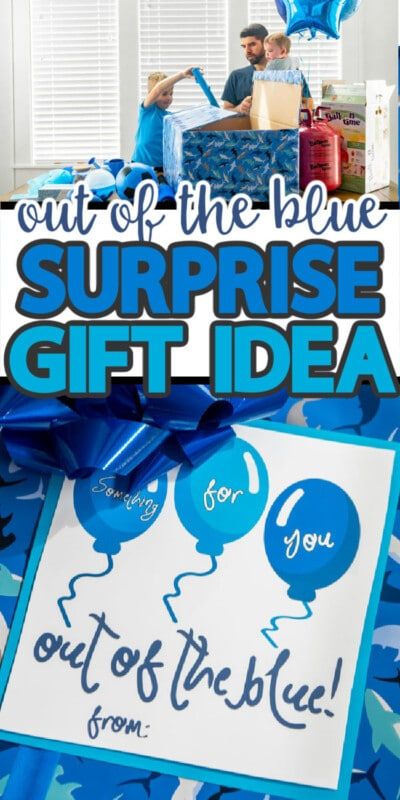 Značka z modrého dárku a lidé dávající modré předměty do krabice