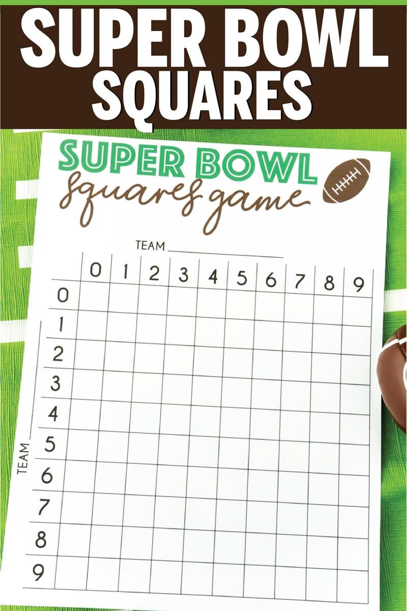 Δωρεάν εκτυπώσιμος πίνακας παιχνιδιών Super Bowl squares! Ιδανικό για οποιαδήποτε διασκέδαση Super Bowl ή πραγματικά παρακολουθώντας οποιοδήποτε ποδοσφαιρικό παιχνίδι!