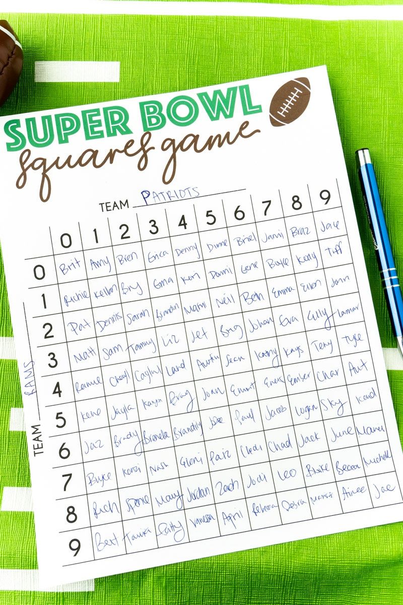 Plantilla imprimible de cuadrados del Super Bowl con nombres