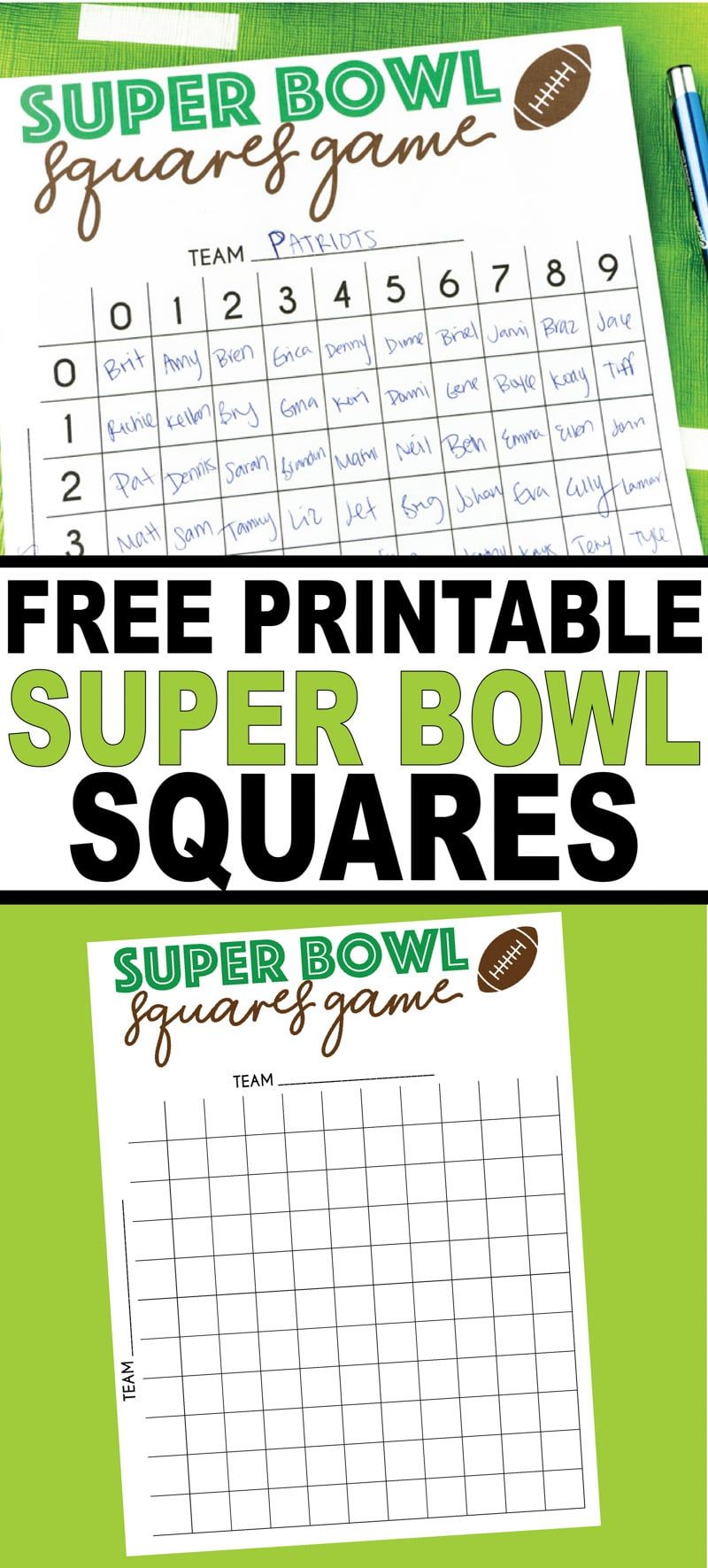 ¡Tablero de juego de cuadrados del Super Bowl para imprimir gratis! Perfecto para divertirse en el Super Bowl o para ver un partido de fútbol.