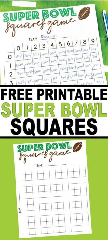 Δωρεάν εκτυπώσιμος πίνακας παιχνιδιών Super Bowl squares! Ιδανικό για οποιαδήποτε διασκέδαση Super Bowl ή πραγματικά παρακολουθώντας οποιοδήποτε ποδοσφαιρικό παιχνίδι!