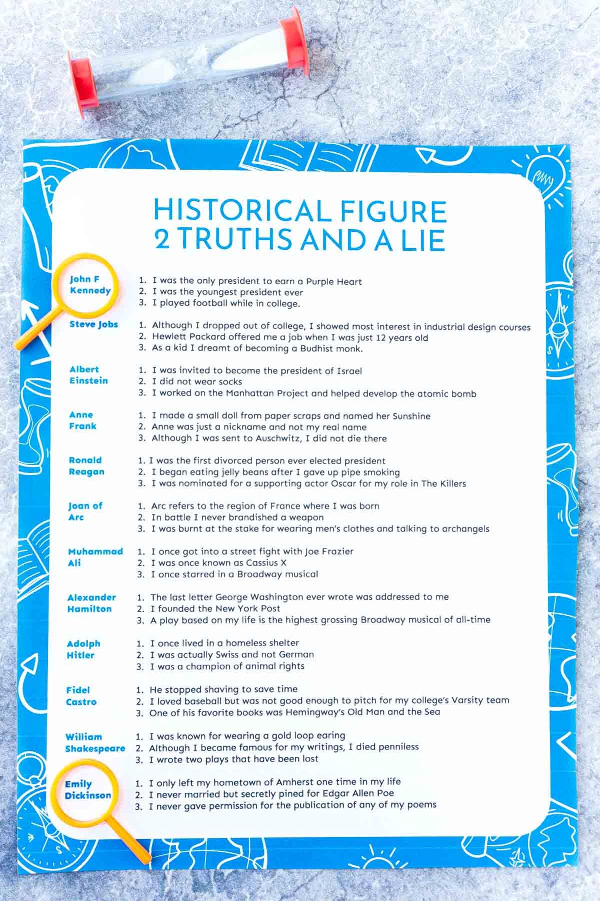 تاریخی دو سچائیوں اور ریت ٹائمر کے ساتھ جھوٹ کا کھیل چھپی