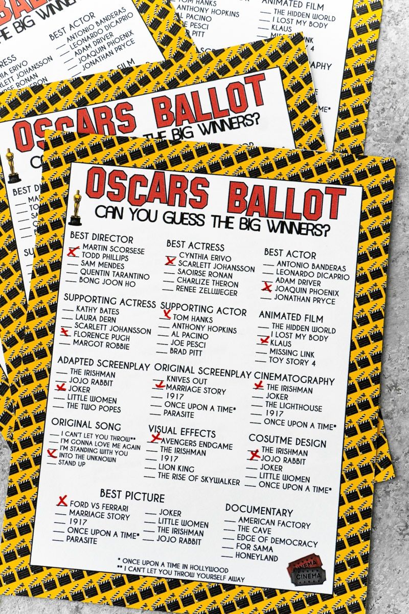 Cédula do Oscar 2020 para impressão