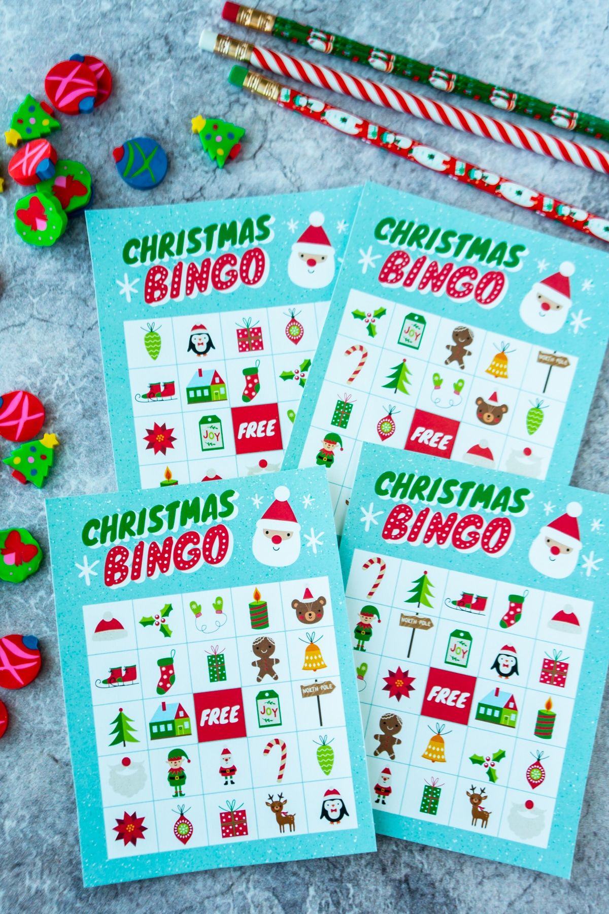 Świąteczne kartki bingo ze świątecznymi gumkami dookoła