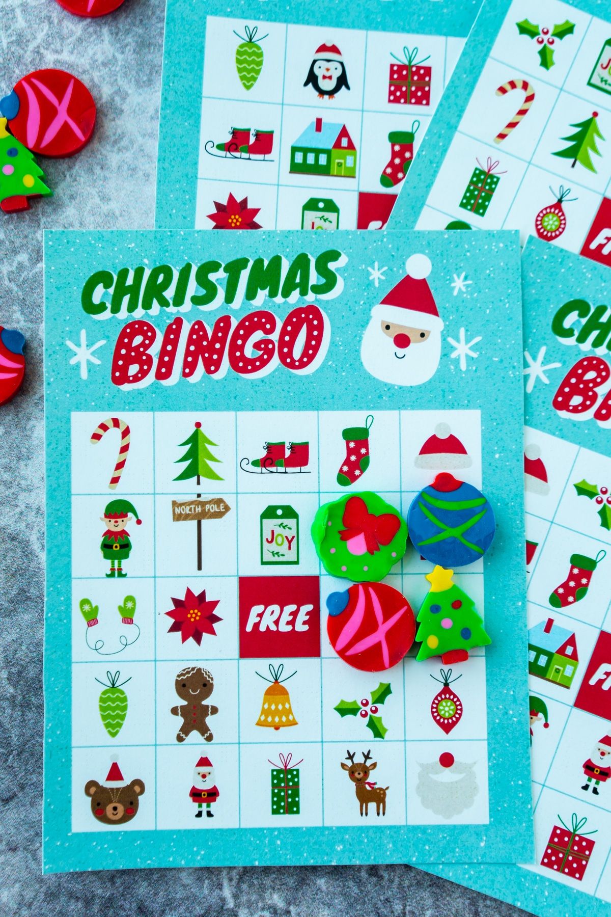 Świąteczne kartki bingo z gumkami w kształcie kwadratu