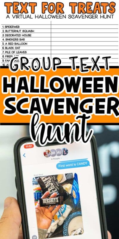 Dos fotos de una búsqueda grupal del tesoro de Halloween con texto para Pinterest
