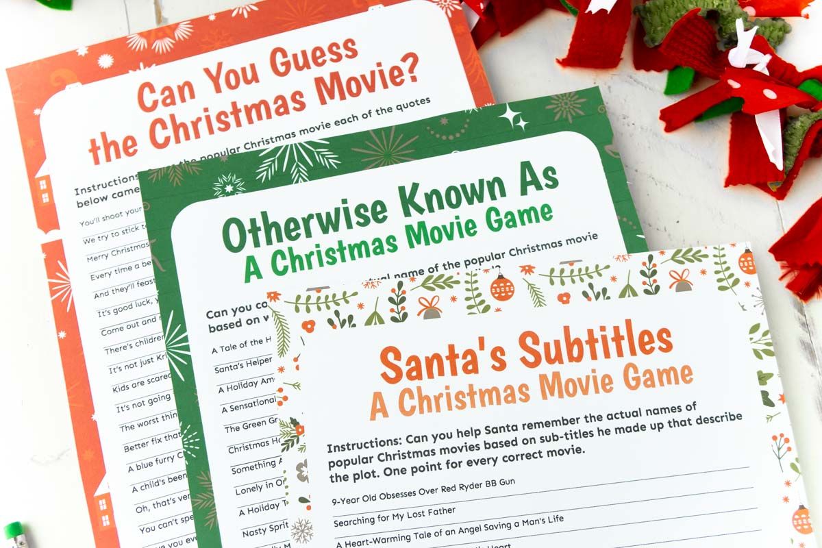 Imagen horizontal de tres juegos de trivia de películas navideñas