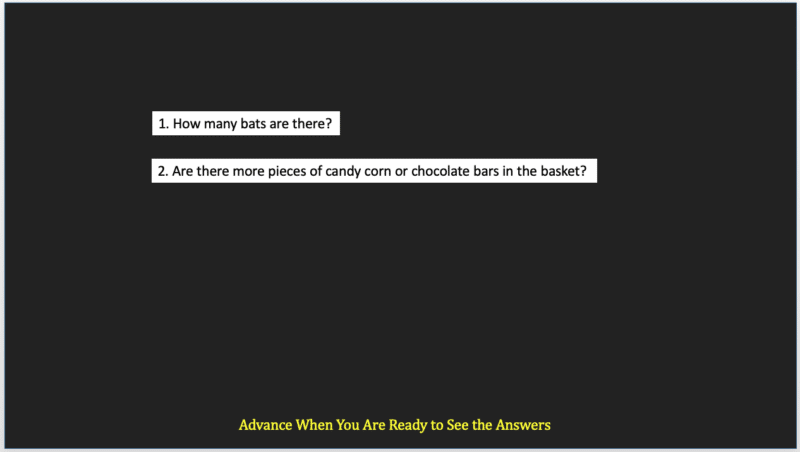 Černý snímek aplikace PowerPoint s bílým textem s otázkami