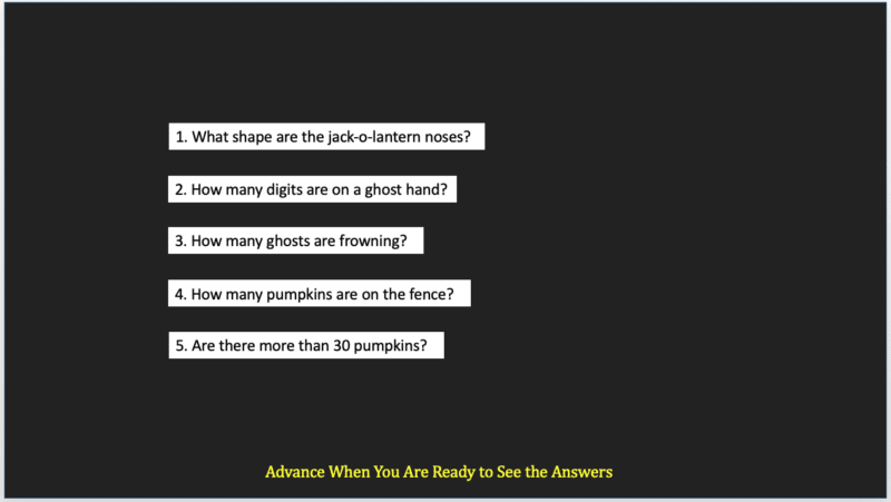 Černý snímek aplikace PowerPoint s bílým textem s otázkami