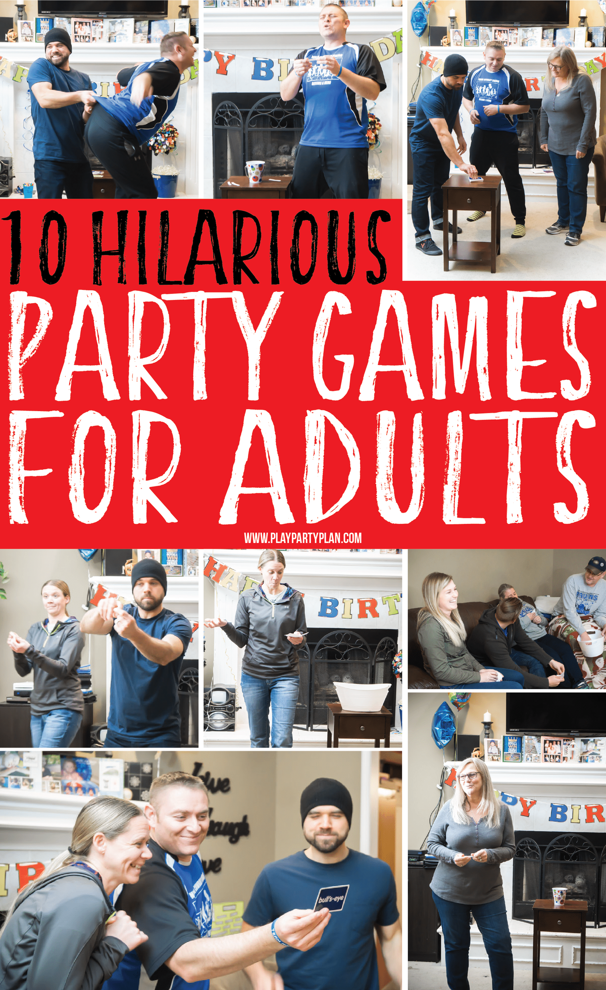10 smešnih zabav za odrasle, ki bi se odlično obnesle tudi za najstnike ali skupine! Igrajte se v zaprtih prostorih ali na prostem na družinskem srečanju ali rojstnodnevni zabavi! Ni važno, tako ali tako so smešni! In kar je najboljše, pitje ali alkohol ni potrebno!