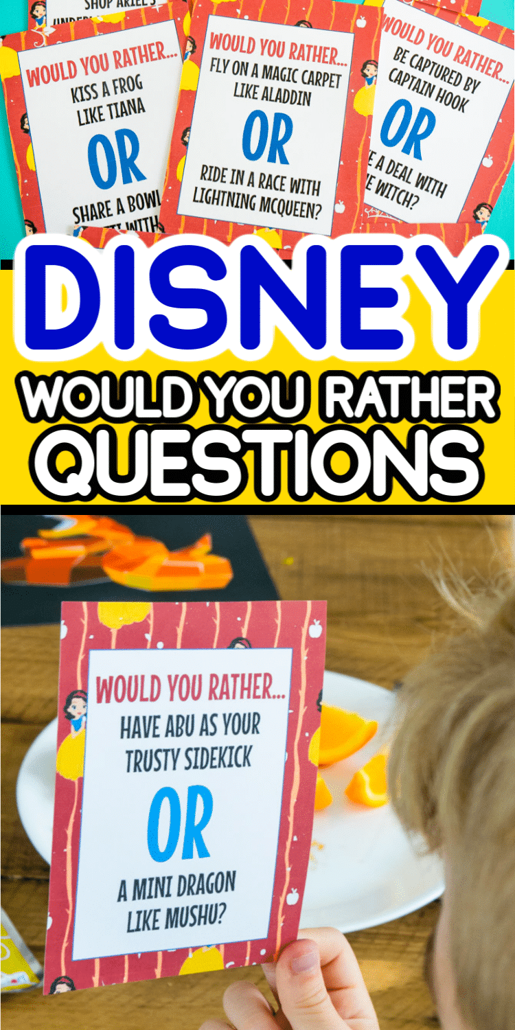Kas olete kunagi mänginud, kas te pigem mängiksite? Need Disney sooviksid pigem lastele mõeldud küsimusi, et kõik itsitaksid, kui peate valima konna suudlemise ja koeraga spagetite söömise vahel? Või kuidas on valida võlukarva ning vibu ja noole oskuste vahel? Need oleksid pigem küsimused, mis pakuksid suurepärast peretegevust igale Disney armastavale perele!