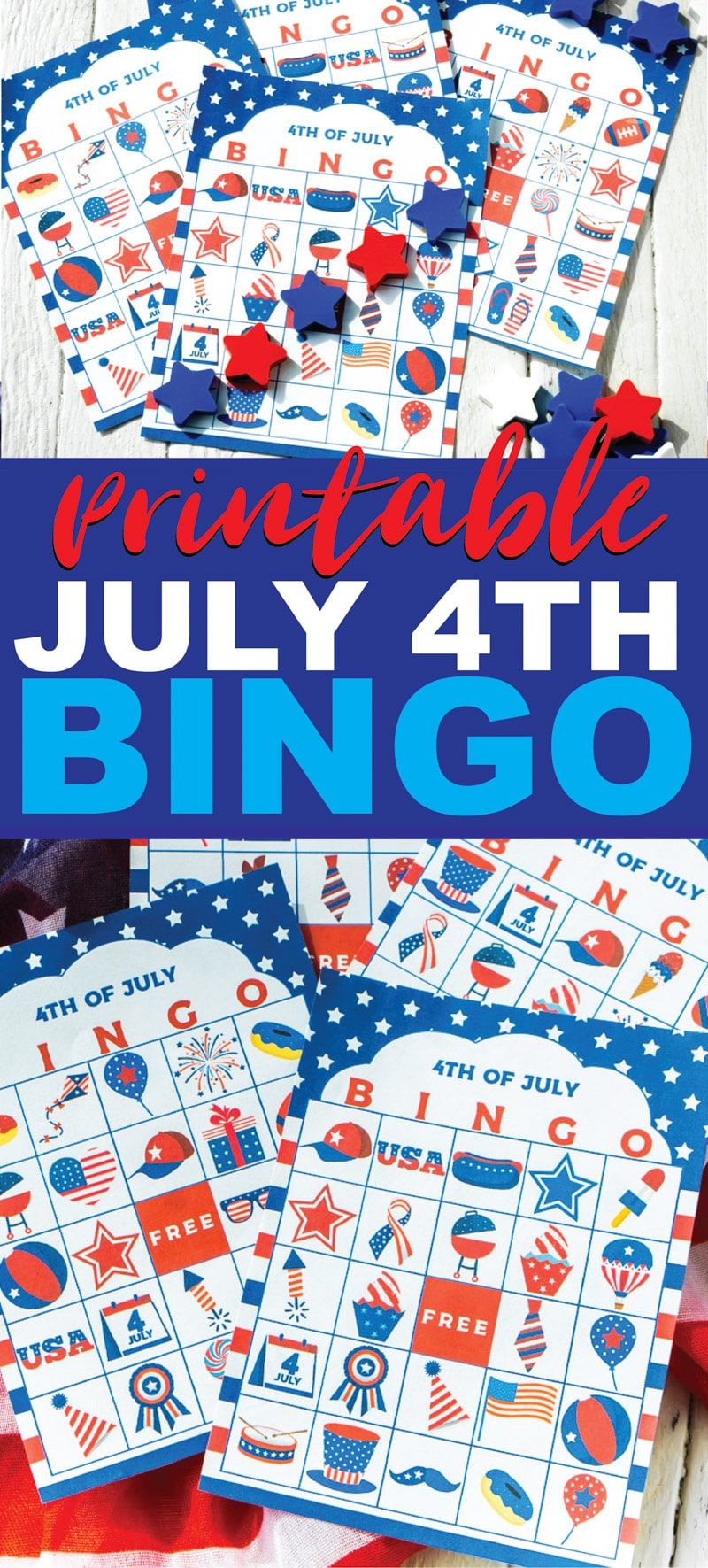 Tato hra s bingo ze 4. července je ideální pro děti, dospělé nebo dospívající, kteří si hrají při čekání na ohňostroj! Jednoduché vytiskněte si zdarma tisknutelné karty, rozdejte značky a začněte hrát! Jedna z nejlepších aktivit pro vnitřní i venkovní párty!