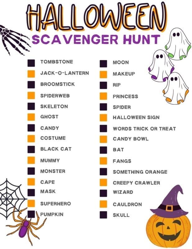 Búsqueda del tesoro de Halloween con lista de artículos de Halloween
