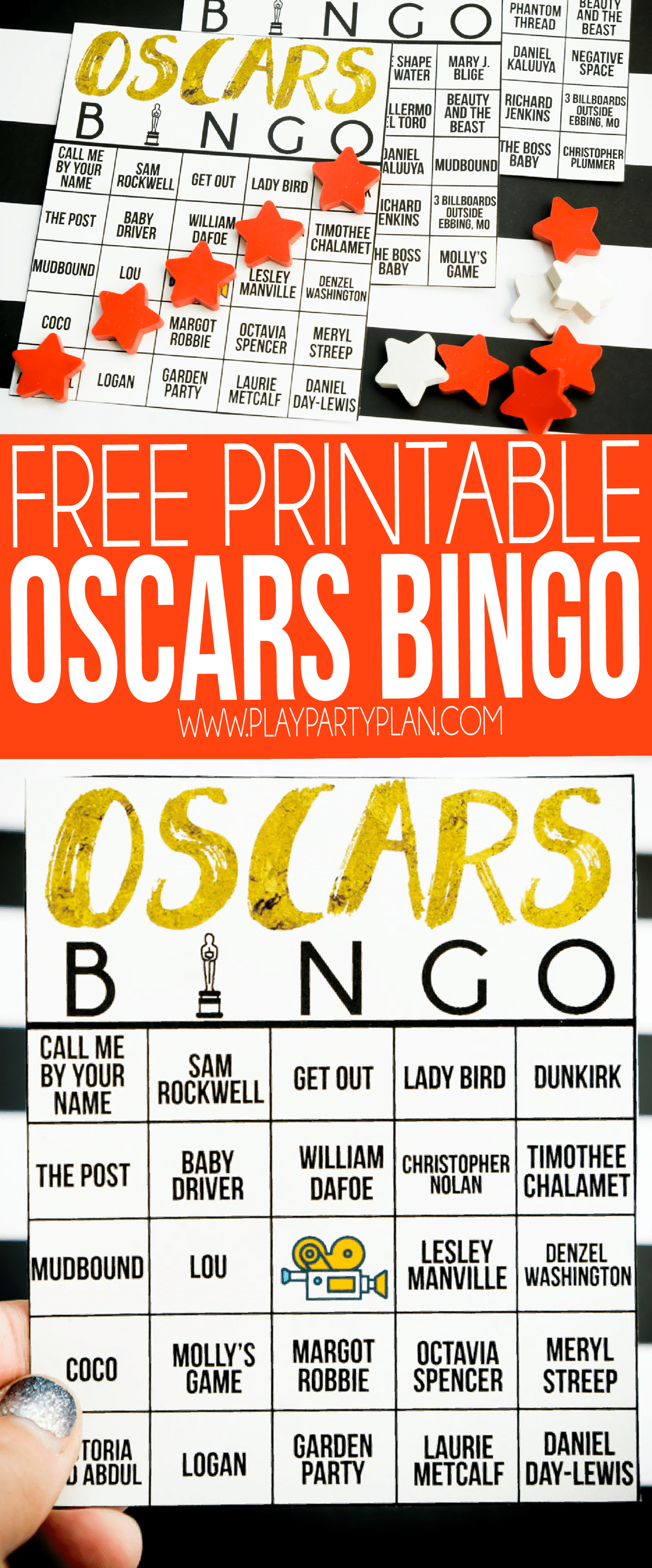 Ta igra Oscar bingo je kot nalašč za vašo naslednjo oskarjevo zabavo! Označite presledke, ko je imenovan film ali znana oseba, in poskusite biti prvi, ki bo prvi dobil oskarjevski bingo!