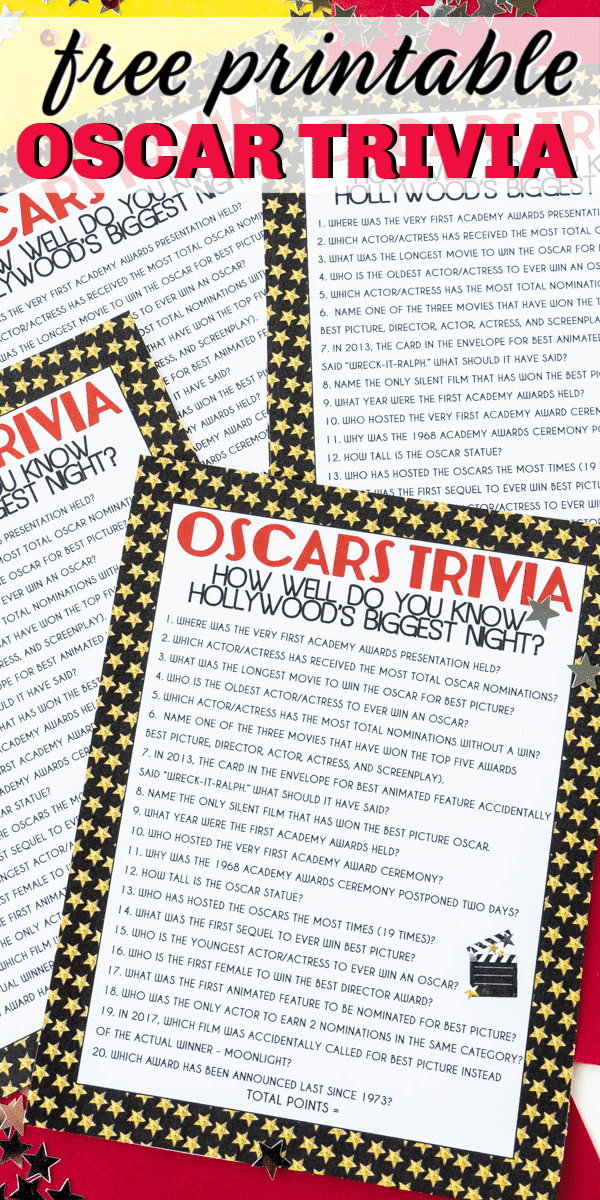 Trivia Oscar yang boleh dicetak percuma ini adalah salah satu permainan pesta Oscar terbaik!