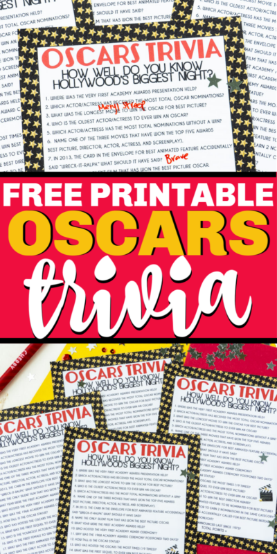 Denna gratis utskrivbara Oscar-trivia är ett av de bästa Oscar-partyspelen!