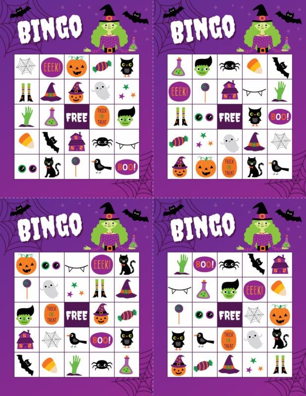 Cuatro cartones de bingo de Halloween