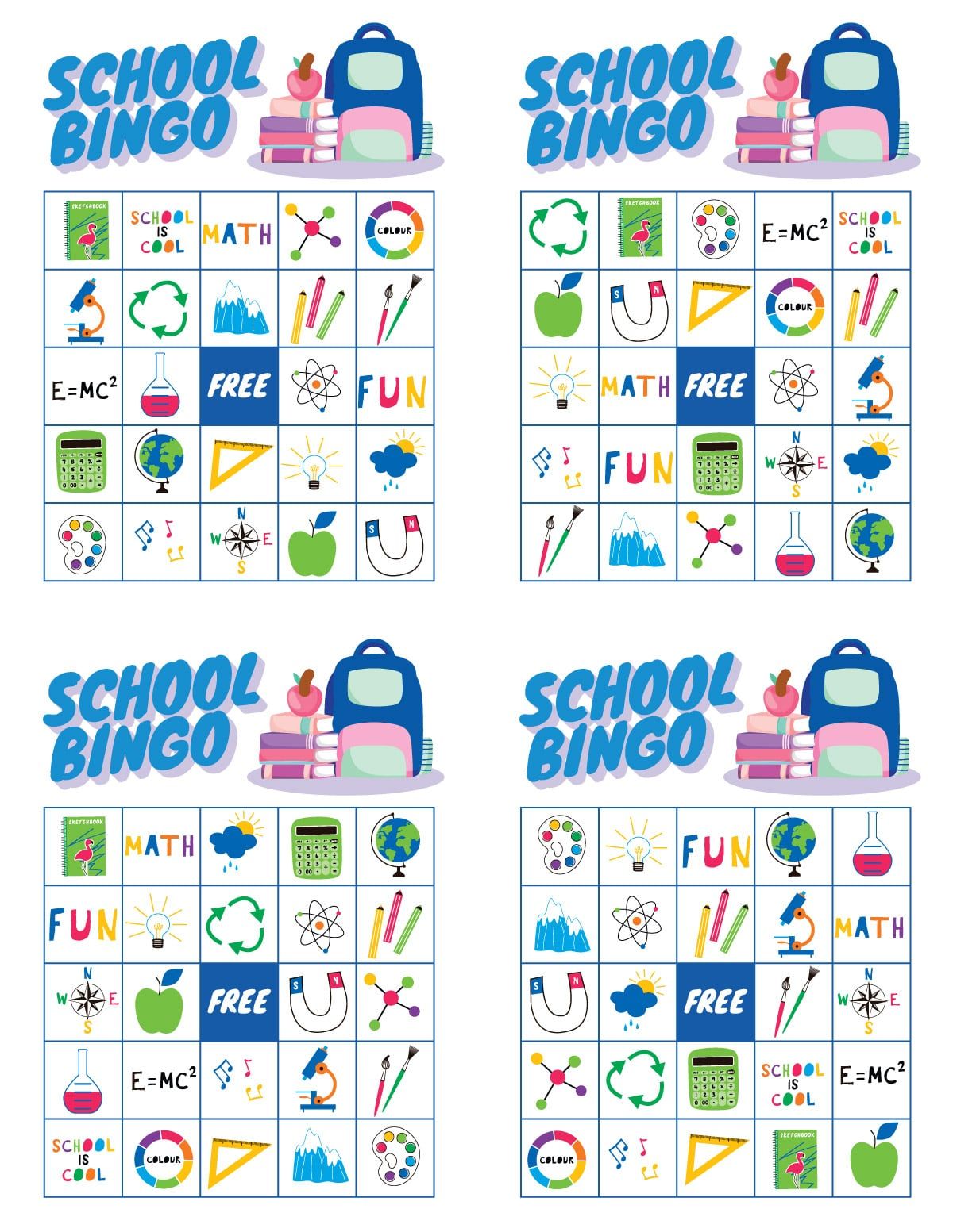 Čtyři bílé školní bingo karty se školními obrázky