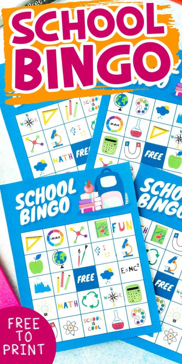 Hromadu modrých školních bingo karet s textem pro Pinterest