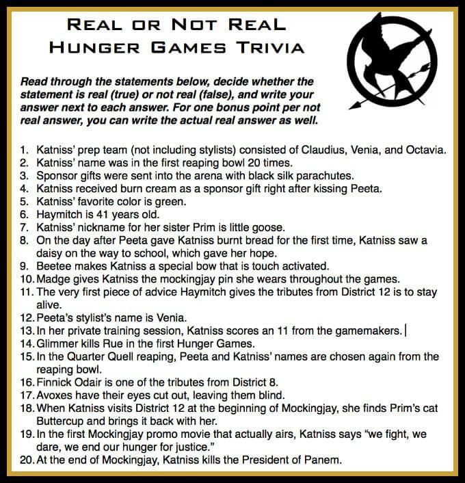 Tato bezplatná tisknutelná maličkost Real or Not Real je jen jednou ze tří skvělých her Hunger Games na tomto webu! Perfektní pro hraní před sledováním Mockingjay.