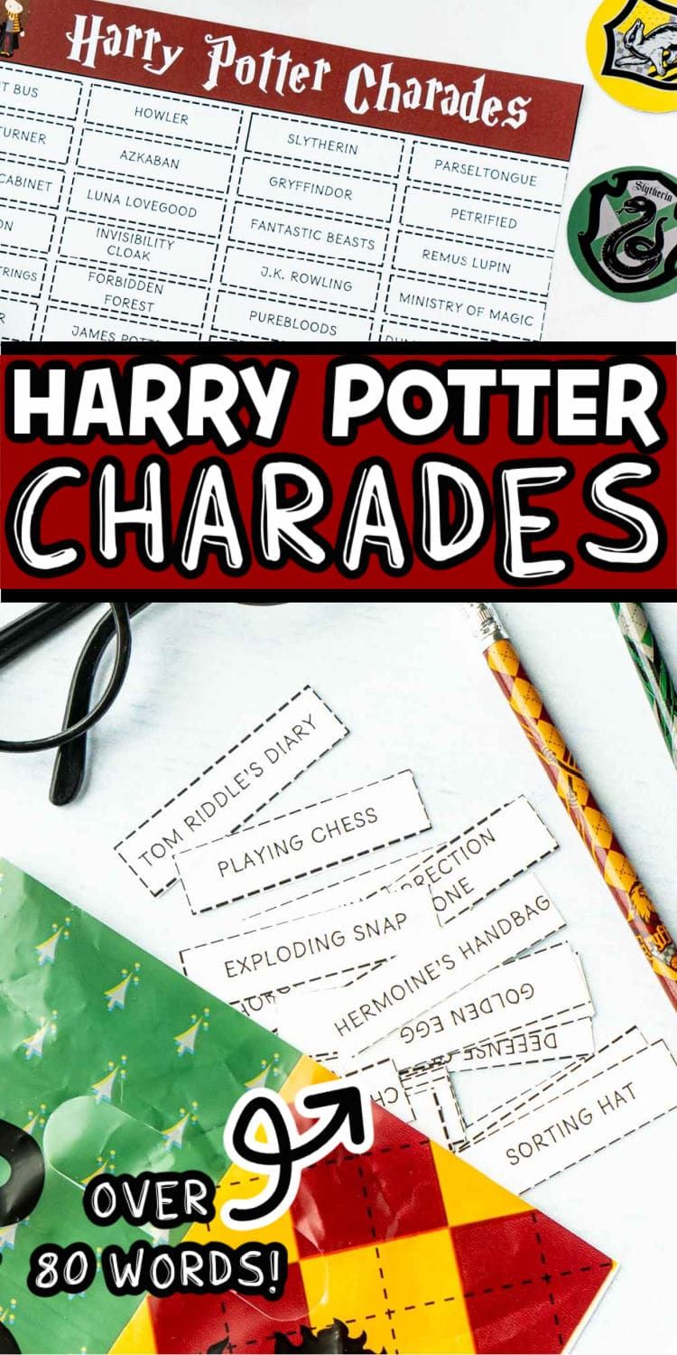 Lista de palabras de charadas de Harry Potter con texto para Pinterest