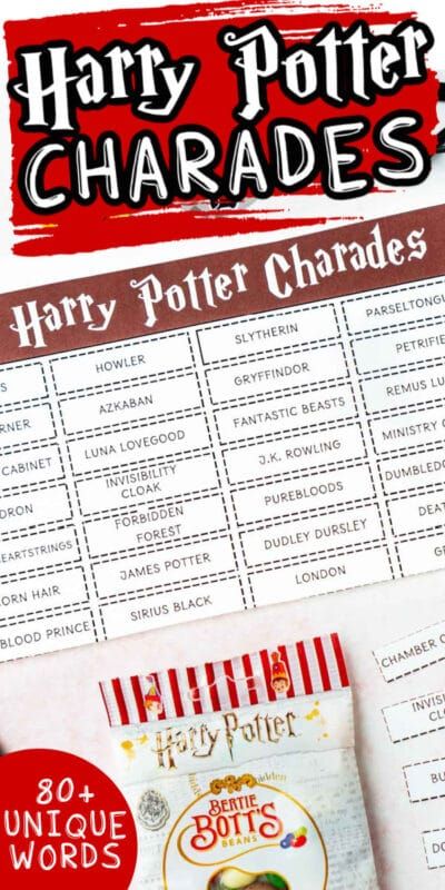 Lista de palabras de charadas de Harry Potter con texto para Pinterest