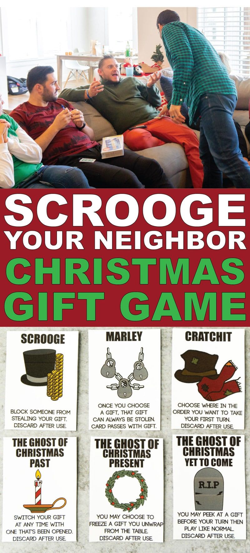 Táto darčeková burza Scrooge Your Neighbor je jednou z najzábavnejších vianočných hier vôbec! Získajte tlačiteľné karty zadarmo a hrajte s kanceláriou, skupinou dospelých alebo dokonca na rodinnú noc! Je to veselé a veľmi zábavné!