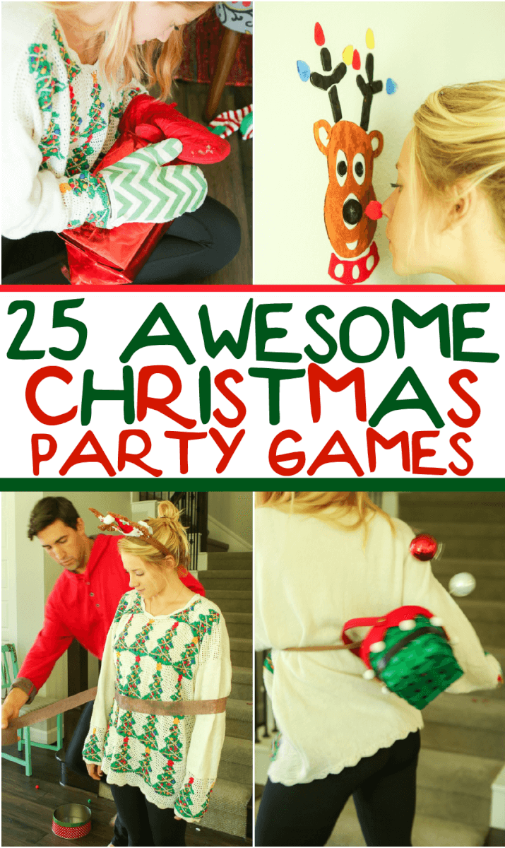 25 smieklīgas Ziemassvētku viesību spēles, kas ir lieliski piemērotas pieaugušajiem, grupām, pusaudžiem un pat bērniem! Izmēģiniet tos birojā darba ballītei, skolā klases ballītei vai pat neglītā džemperīšu ballītē! Es nevaru vien sagaidīt, kad varēšu izmēģināt šos ģimenes vakarā šajā Ziemassvētku sezonā!