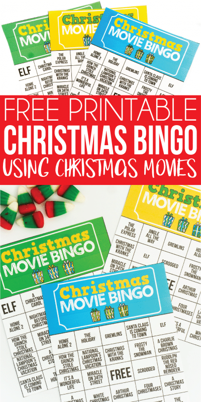 Aquest divertit joc de bingo nadalenc imprimible és perfecte per a grups nombrosos (com per a 20 persones) i per a adults. En lloc de fer coincidir només els espais dels taulers, els jugadors han de fer coincidir la cita de la pel·lícula o l’actor amb els espais de les cartes gratuïtes proporcionades. O si el voleu per a nens, feu servir els noms habituals de les pel·lícules.