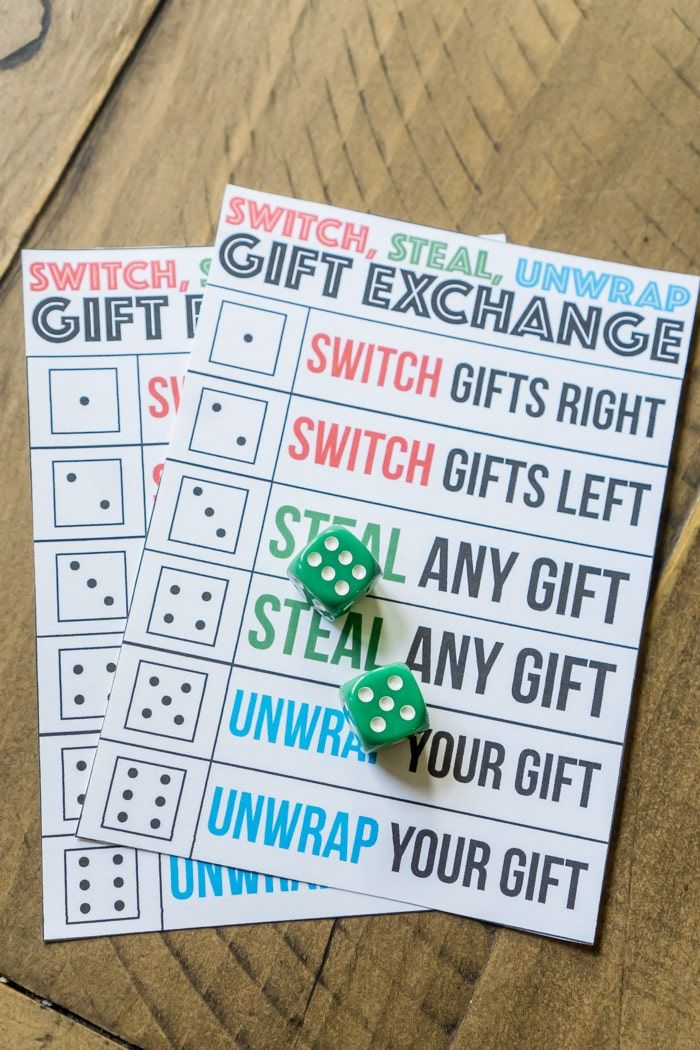 משחק חילופי מתנות לחג המולד המשתמש בקוביות ומתנות