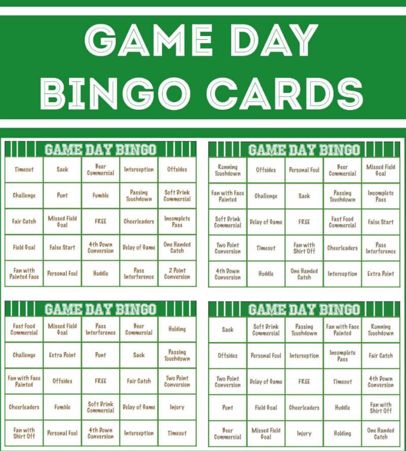 Targetes de bingo de futbol per imprimir gratuïtes, perfectes per jugar a un petit bingo del Super Bowl per als jocs de festa del Super Bowl.
