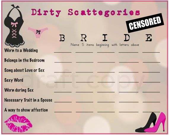 Sexy scattergories, yazdırılabilir en iyi bekarlığa veda partisi oyunlarından biridir.