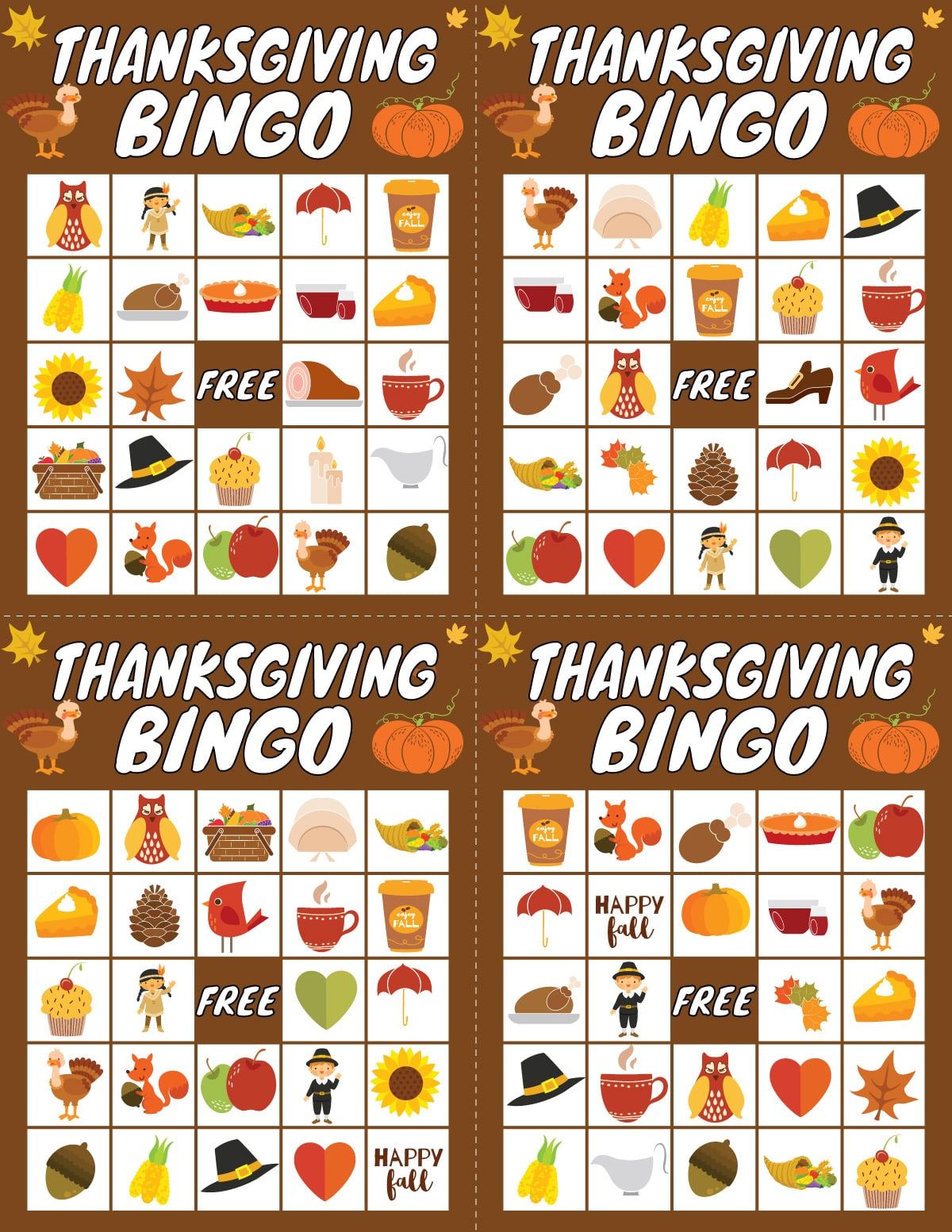 Neli tänupüha bingokaarti, millel on tänupüha pildid