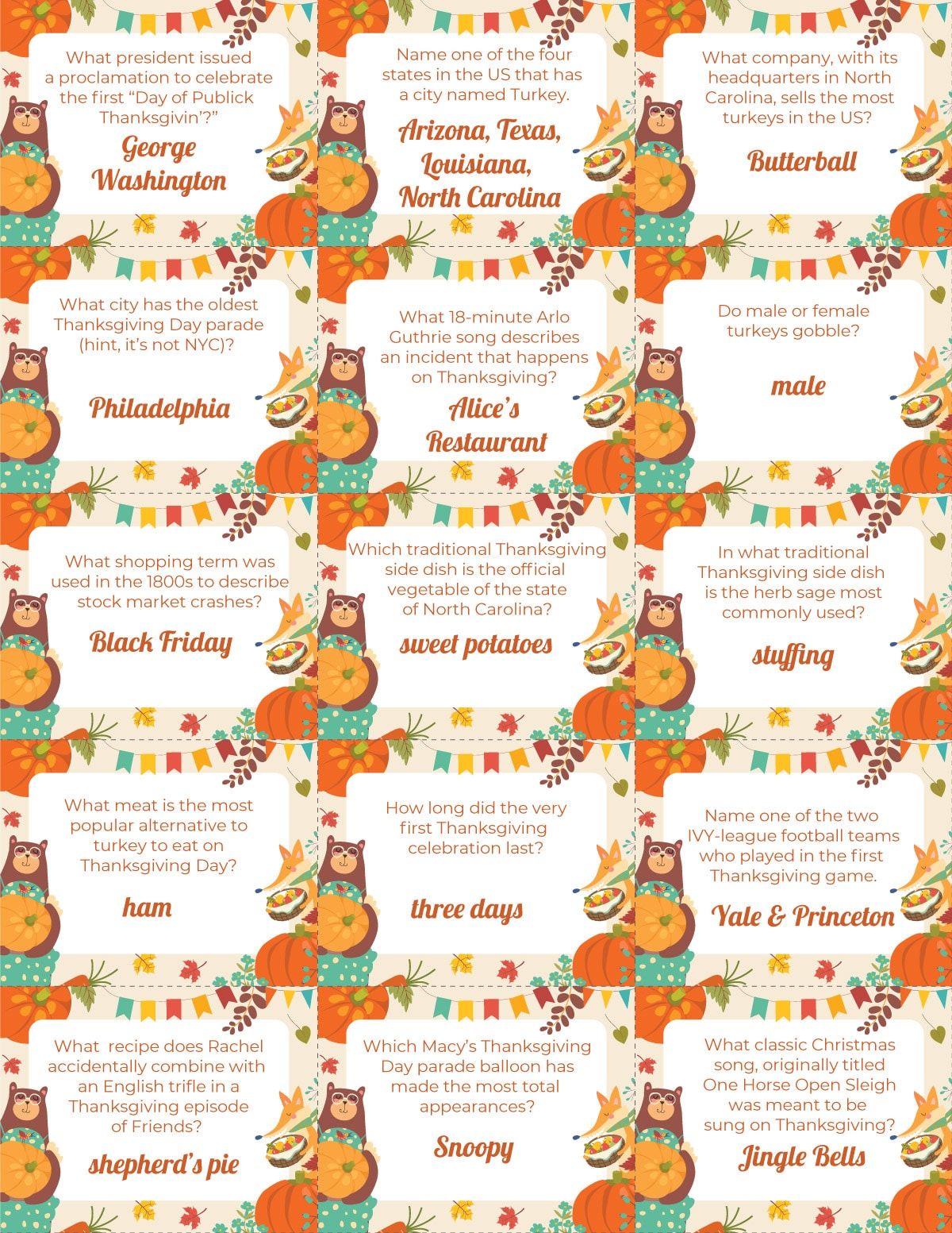 Un full de cartes de trivia de Thanksgiving