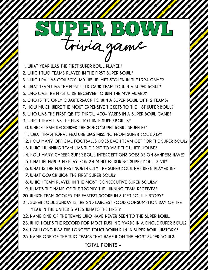 Super Bowl trivia-speelblad
